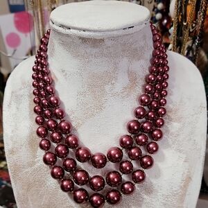 Charter Club Burgandy Imitation Pearl Three-Row Collar Necklace Macy's 17-19"